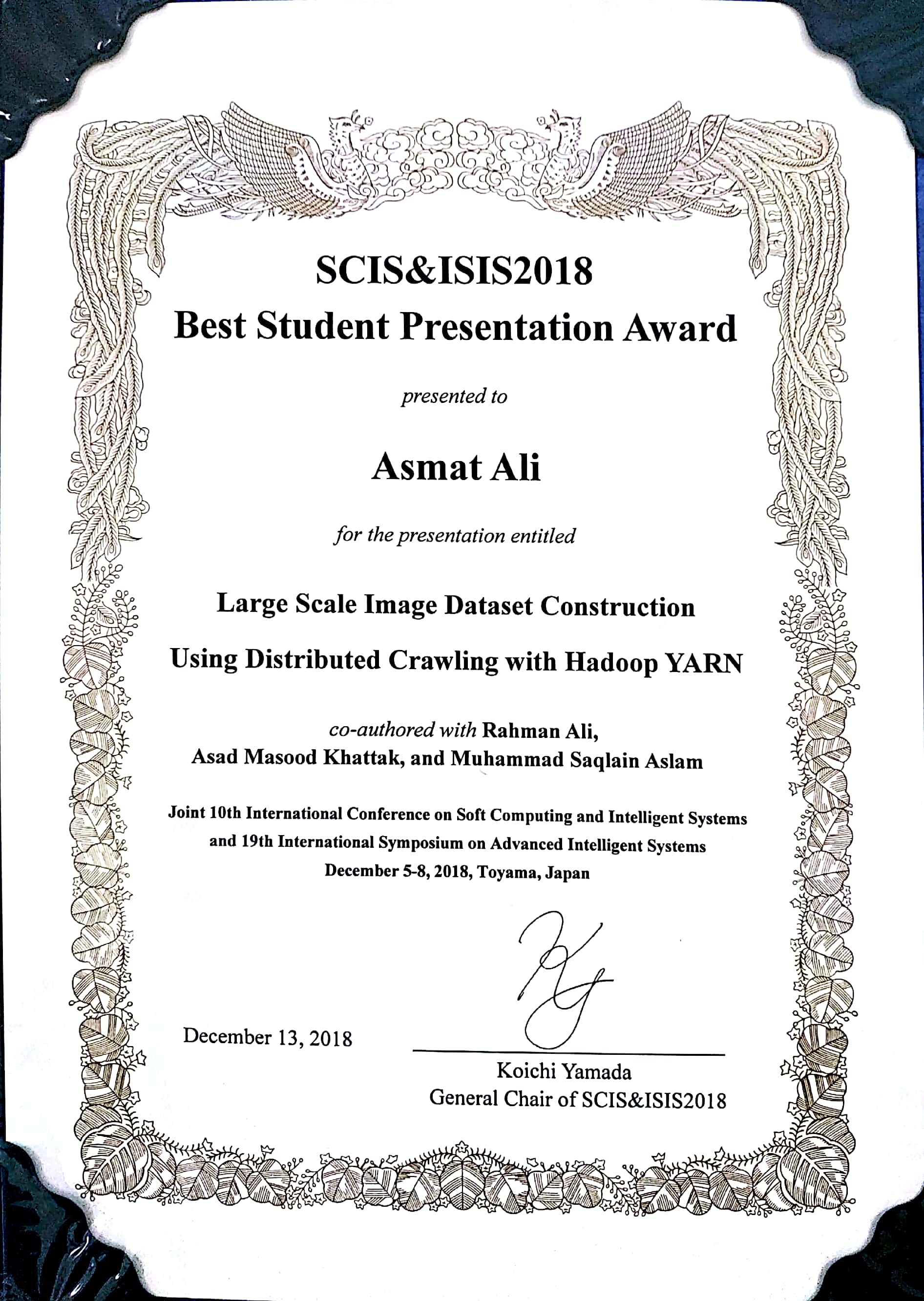 SCIS & ISIS 2018 Conference best student presentation awarded to Asmat Ali, student of Dr. Rehaman Ali